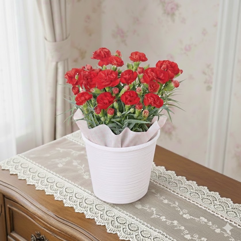 赤いカーネーションの鉢植え